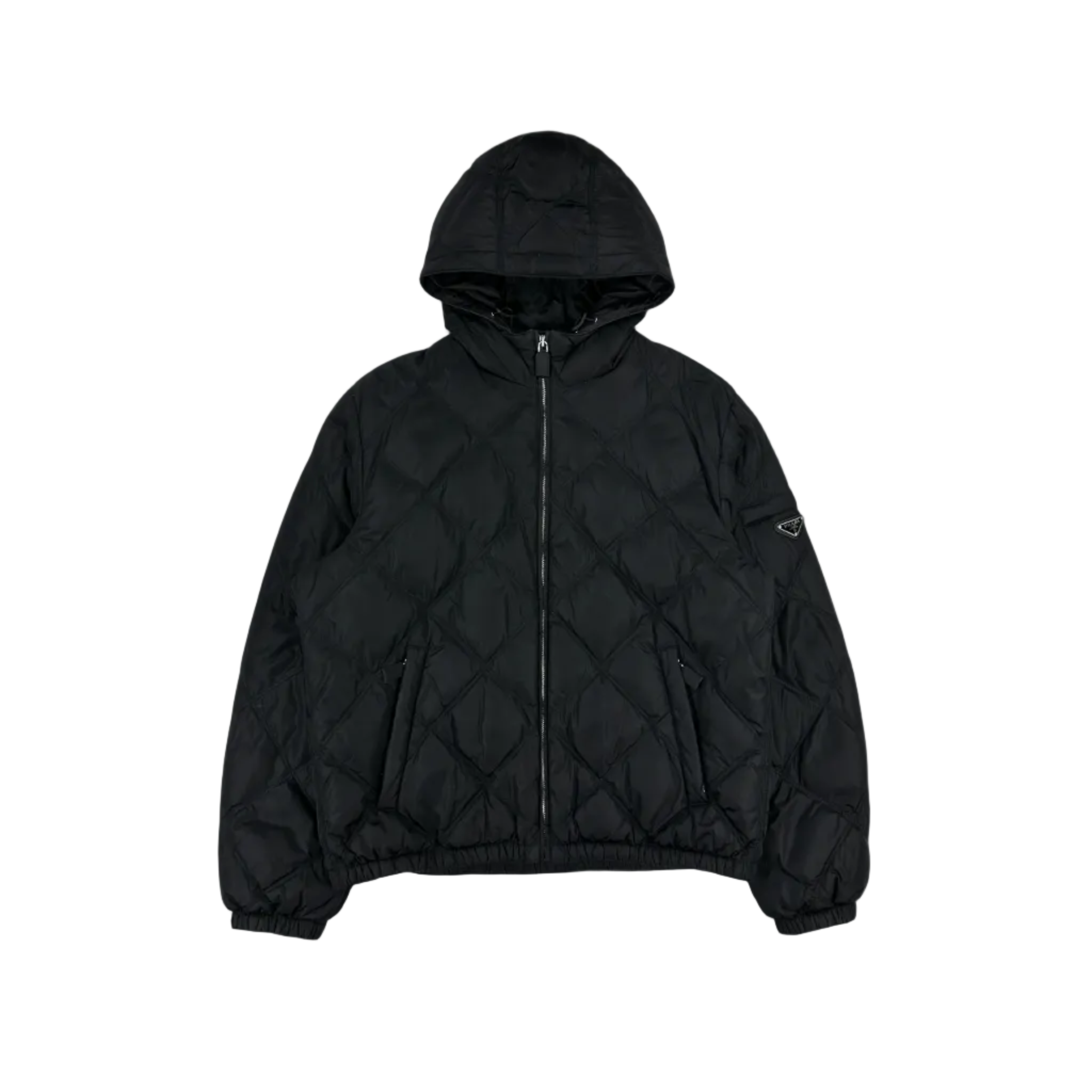 Black quilted jacket with a hood on a light gray background