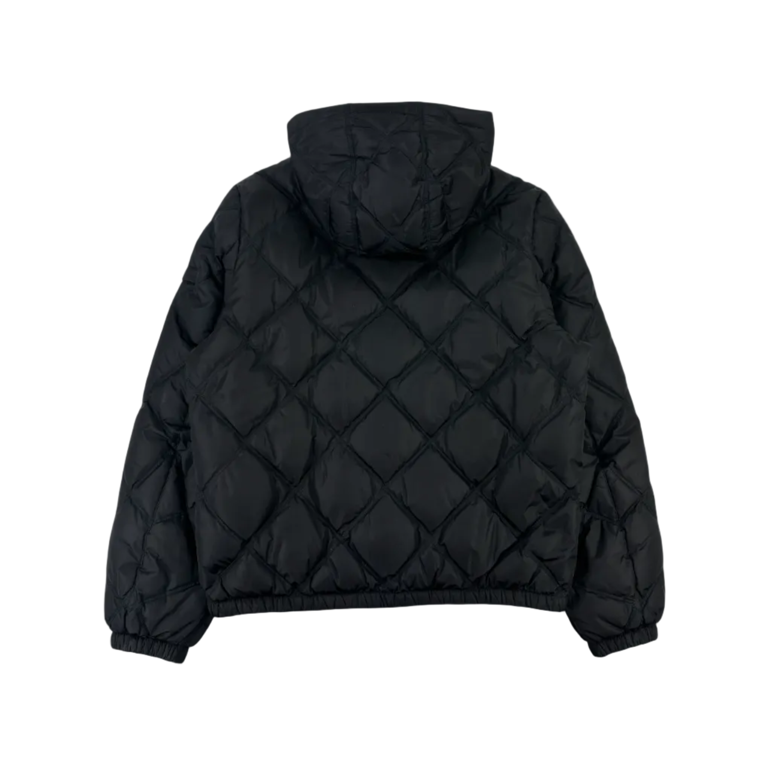 Black quilted jacket on a light gray background