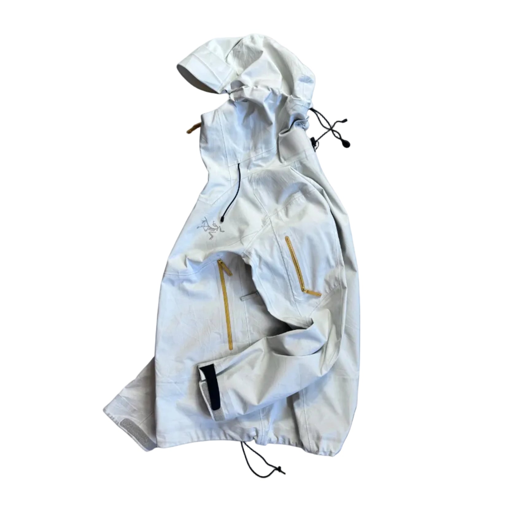 White raincoat with gold zippers