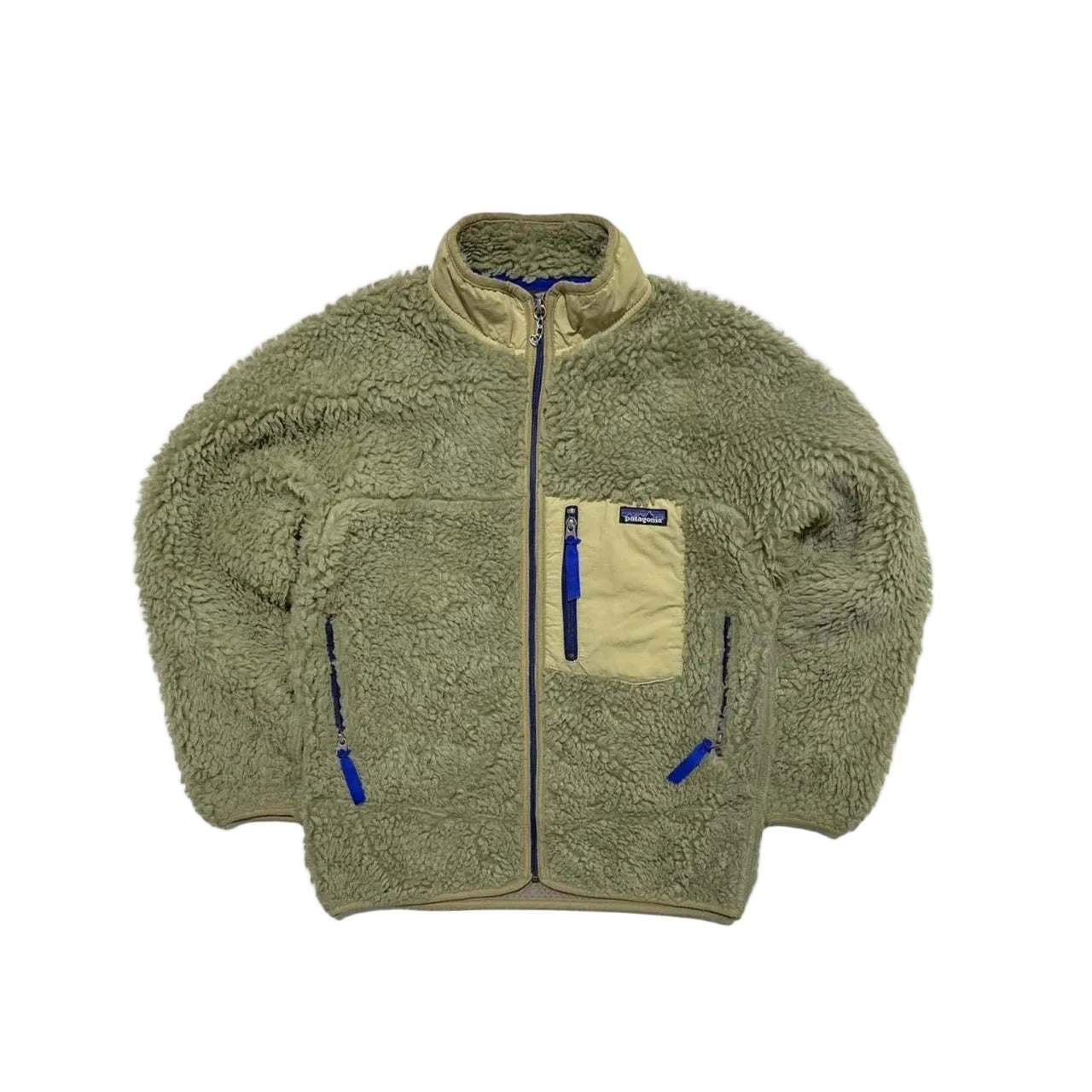 Green fleece jacket with blue zippers on a white background