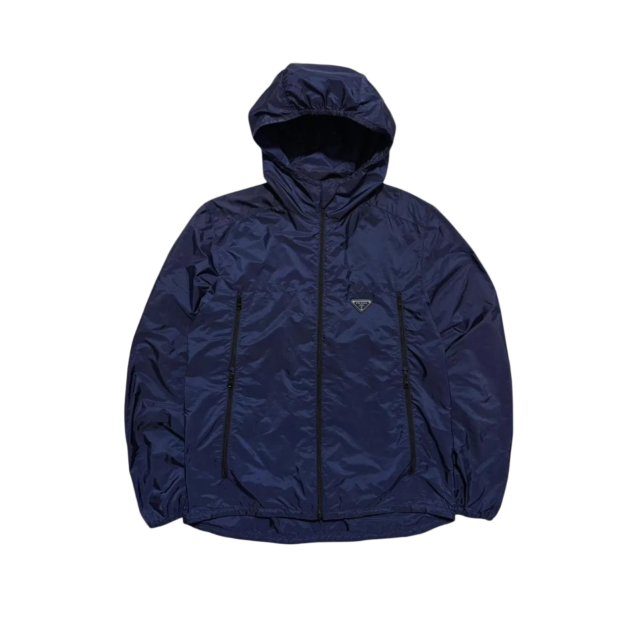 Navy blue hooded jacket on a white background