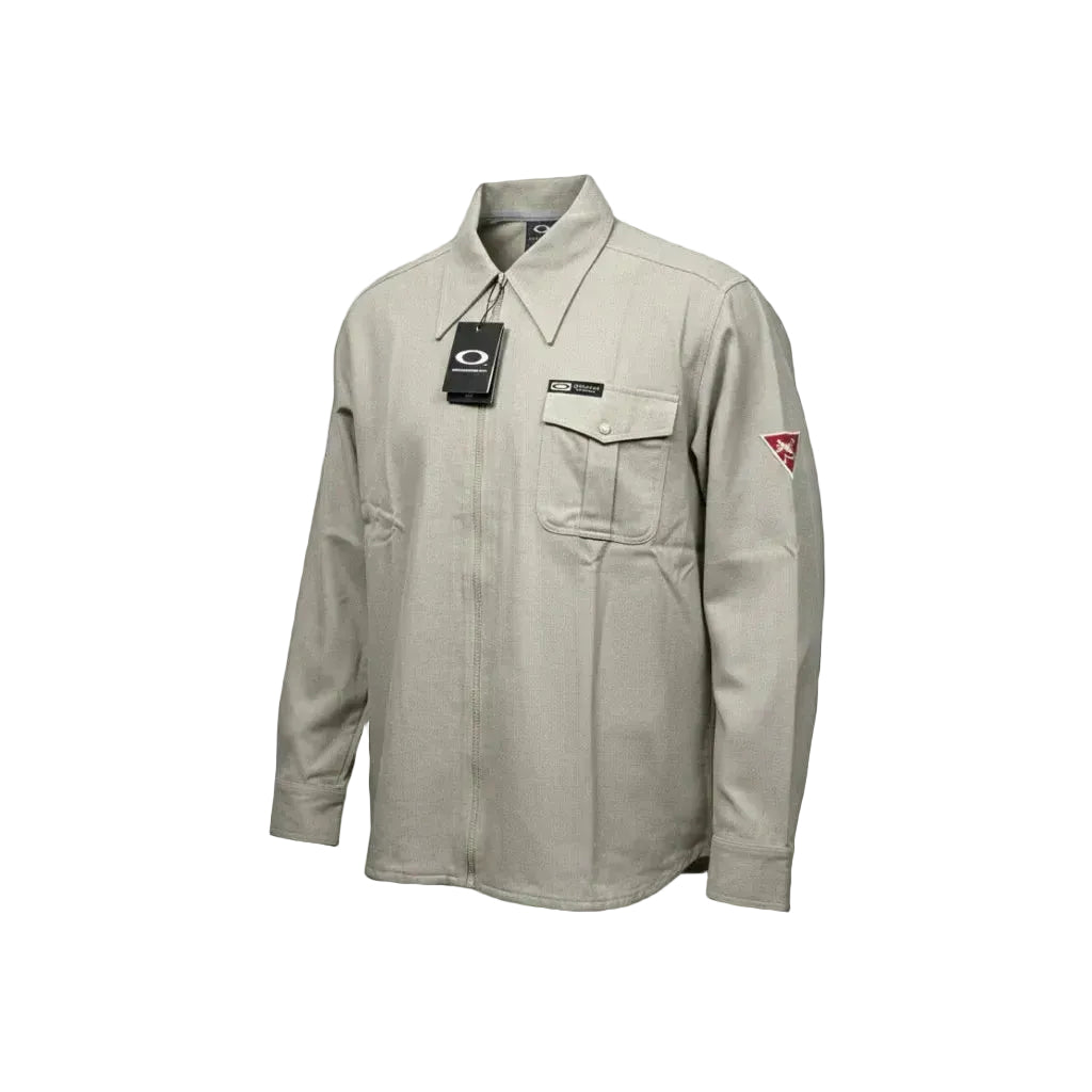 Beige shirt with brand tags on a white background